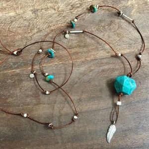 Amazonite and Turquoise, Long Boho Style Feather Necklace Handmade